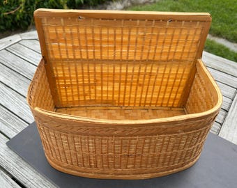 Mid Century Rustic Home Decor Scandinavian Woven Birch Basket – 1980s Folk-Art Storage Box
