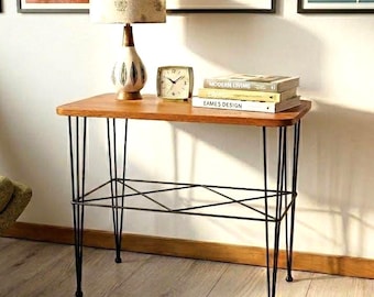 Mid Century Scandinavian Teak Table, Metal Hairpin Legs