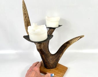Vintage Antler Candle Holder – Two-Light Rustic Scandinavian Horn Candelabra