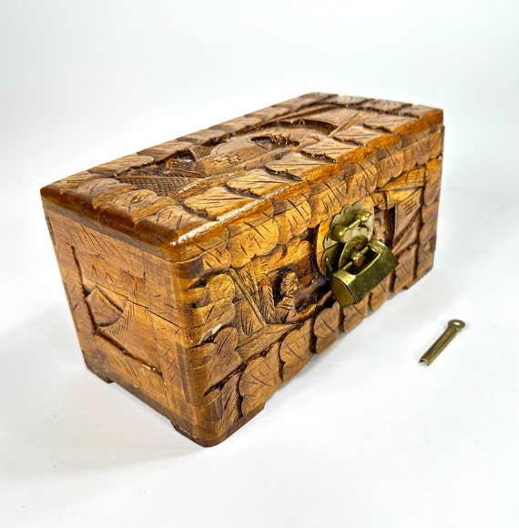 Vintage Carved Camphor Wood Box With Brass Lock & Key