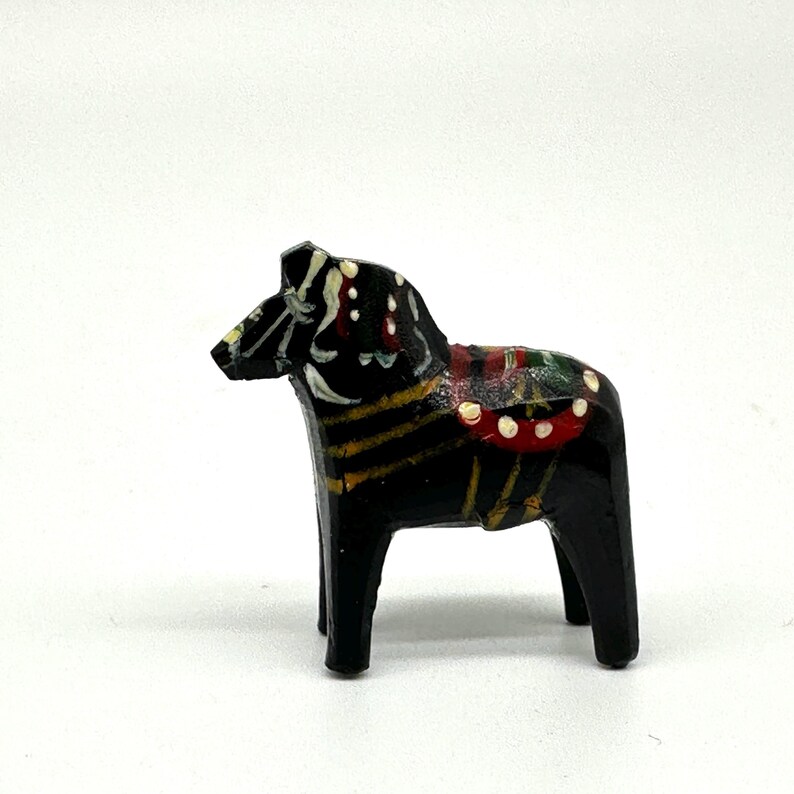 Miniature Black Dala Horse, Swedish Folk Art Hand Painted Wood Sculpture image 3