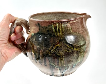 Vintage Scandinavian Studio Pottery Jug – Handmade Glazed Ceramic Pitcher with Abstract Drip Design, Signed