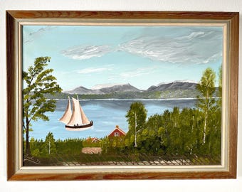 Vintage Swedish Oil Painting – 1974 Nautical Landscape, Signed Folk Art, Framed Wall Decor