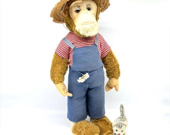 Schuco monkey plush toy, straw hat & overalls, large vintage figure, 42 cm