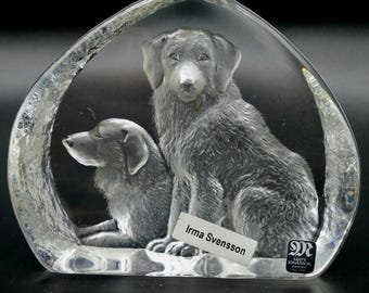Vintage glass paperweight dogs, Labelled Mats Jonasson,  Signed.