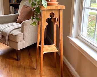 Vintage Gothic Revival Plant Stand, End Grain Wood Table, Scandinavian Pedestal Stand
