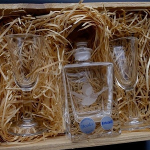 Vintage Boxed Set kleine Kristall Schnaps Glas Karaffe Karaffe mit zwei Gläsern - Flying Duck Geätzte Dekoration