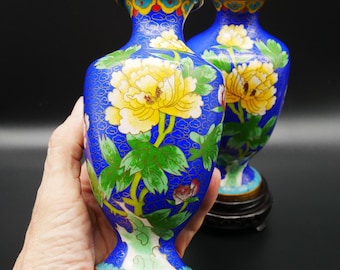 Chinese Cloisonne Vases, Blue Floral Enamel, Brass Decor with Wood Stands