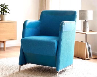Mid Century Chrome Frame Chair, Blue Fabric & Leather, Scandinavian Design