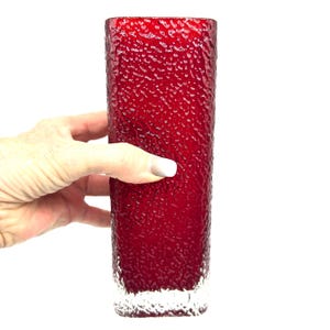 Può includere: Un bicchiere alto, cilindrico e rosso con una superficie strutturata. Il bicchiere ha una base trasparente e un colore rosso intenso, con un motivo di piccole protuberanze in rilievo all'esterno. Il bicchiere è tenuto su uno sfondo bianco.