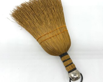 Vintage whisk broom with metal handle loop – handbound straw brush, rustic farmhouse utility decor