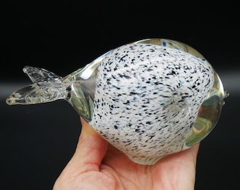 Glass fish - White and Black Sommerso Puffer Fish Figurine, 1960s