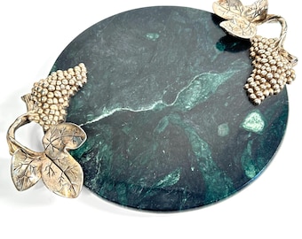 Vintage Green Marble Cheese Board: Metal Grape Handles, Charcuterie Serving Board