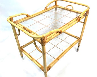 Bamboo bar trolley, scandinavian mid-century, removable serving tray