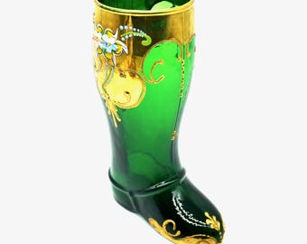 Antique Bohemian Glass Boot – Hand-Painted Green Enamel with Gilded Detail, Enameled Shoe Ornament
