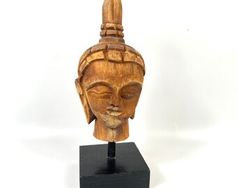 Hand-Carved Wooden Buddha Head: Vintage Folk Art Sculpture on Stand