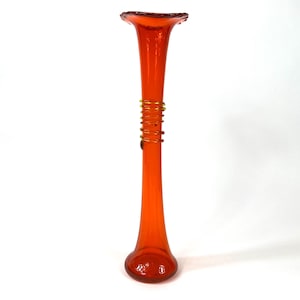 Mid-Century Orange Glass Vase with Yellow Wrap – 16-Inch Tall Vintage Art Glass