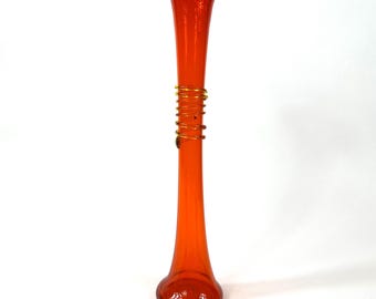Mid-Century Orange Glass Vase with Yellow Wrap – 16-Inch Tall Vintage Art Glass