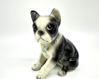 Vintage Ceramic French Bulldog Figurine – Black and White Pottery Dog, 9 cm
