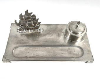 Vintage art deco pewter desk set – sailing ship inkwell, c.1930s