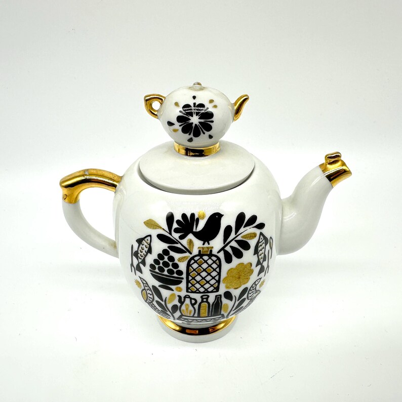 ヴィンテージのソ連磁器ティーポット：22金の民芸品、コレクター向けミニフィニアル 画像 6