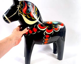 Dala Horse, Large Hand-Painted Swedish Folk Art, Black, 42 cm