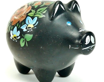 Large rustic piggy bank scandinavian ceramic vintage handmade norwegian folk art hand painted 60s