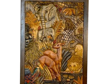 May include: A wooden wall art piece depicting a jungle scene with carved animals, including elephants, a deer, a lion, and a bird. The artwork is framed in dark wood.