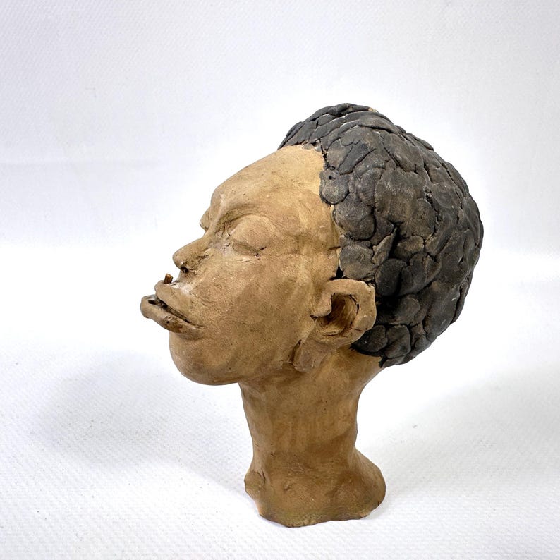 Vintage studio pottery head sculpture – signed kj ’59, hand-modelled clay figure image 2