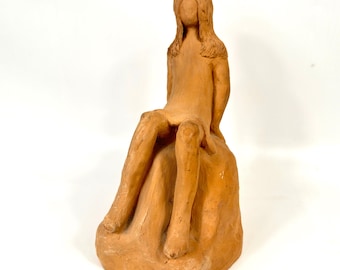Terracotta Seated Girl Sculpture – Signed Monica, Vintage Studio Pottery Clay Figurine