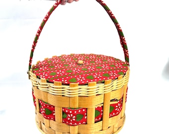 Sewing basket with woven wood & floral fabric lid, vintage storage
