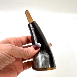 Peut inclure: Une corne à boire conique avec un extérieur lisse, sombre et poli présentant un marbrage naturel gris et noir. La base est finie avec un capuchon circulaire en bois, et un bouchon en bois clair est inséré dans l'ouverture supérieure étroite.