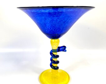 Scandinavian Art Glass Bowl – Jan Stievens Cobalt Blue & Yellow Pedestal with Snake Stem