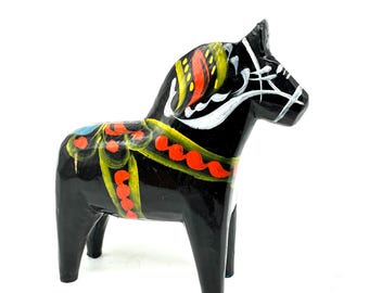 Vintage Black Dala Horse: Signed Nils Olsson Swedish Folk Art