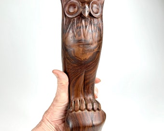 Carved Teak Wood Owl, Vintage 70s Bird Sculpture