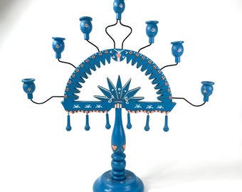 XL Handpainted Swedish Candelabra: Turquoise 7-Arm Folk Art Candleholder