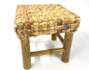 Rustic Bamboo Stool with Natural Woven Design, 1970s plant stand