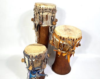 African Hide Drum, Carved Wood Vintage Tribal Percussion Instrument