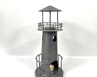 Metal lighthouse candle holder – grey coastal decor, 1990s