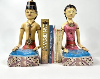 Vintage Traditional Javanese Royal Figure Wood Bookends – Vintage Folk Art Indian Decor 39cm
