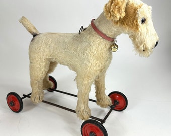 Raras ruedas antiguas para perros Steiff de la zona de EE. UU. - Steiff Fox Terrier de principios de la década de 1940