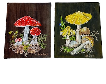 Mushroom Oil Paintings, A. Hoiland, Pair of Vintage Nature Art, Cottage Wall Decor