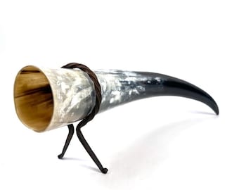 Scandinavian Drinking Horn with Wrought Iron Stand, 40 cm