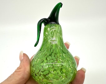Mid century kosta boda pear - art glass green pear with leaf, hand-blown fruit sculpture.