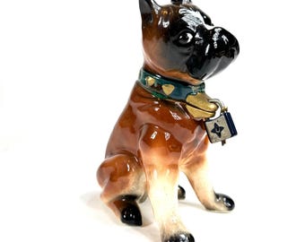 Vintage ceramic boxer dog money bank – 1950s kreiss japan, with original lock