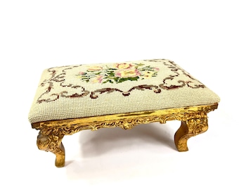 Vintage Footstool – Ornate Gilded Frame with Floral Embroidery, 33 cm