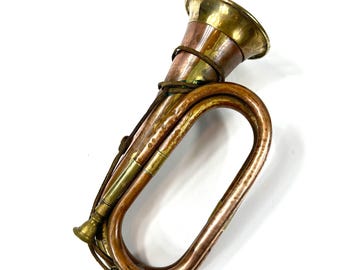 Vintage Military Bugle – Copper and Brass, Original Leather Cord – Ceremonial Trumpet, Mid-20th Century
