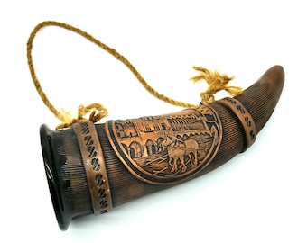 Vintage Decorative Pottery Drinking Horn with Carved Scene – Rustic Folk Art Wall Hanging