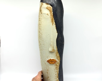 Vintage ceramic vase with abstract face sculptural design, 42 cm