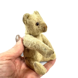 May include: A small, beige, fuzzy teddy bear with a textured, worn-looking coat, dark brown eyes, and a stitched snout. The bear is depicted in a seated position with its arms and legs extended forward, showing a compact, vintage-style construction.